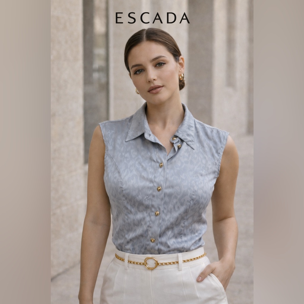 Vintage Escada Blue Silk Cheetah Sleeveless Button Down Top | Size 36